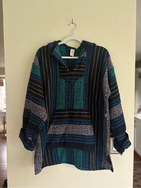 Vintage Teal & Navy Striped Baja Hoodie
